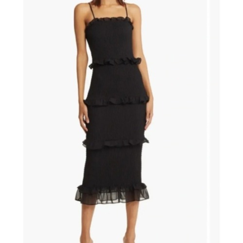 Bebe Womens Black Smocked Tiered Ruffle Midi Dress Square Neck Medium Sleeveless